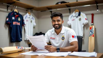 South Asian cricketer reviewing sports contract in dressing room with cricket bat and national jersey visible in background