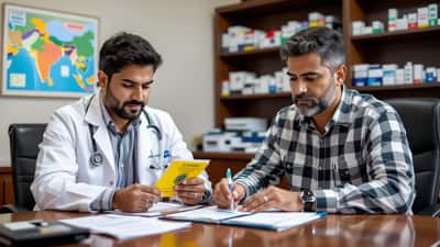 Médico analisando certificado de vacinação de torcedor brasileiro que viajou para assistir ao jogo Índia x Brasil em Calcutá