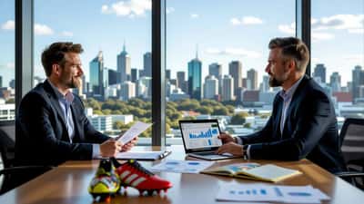 Former soccer player meets wealth advisor in Sydney office with football boots and financial documents on desk