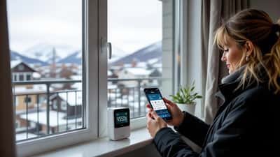 Smart trådlös väderstation på en fönsterbräda visar temperatur och luftfuktighet i ett svenskt hem