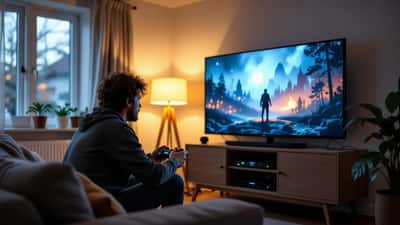 Gamer adjusting picture settings on a large living-room TV with a games console and soundbar for a new Fallout release