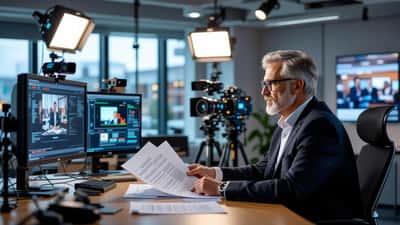 Äldre journalist granskar anställningskontrakt i TV-studio