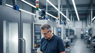 Technicien suisse inspectant une pièce de précision sur une machine CNC dans une usine valaisanne
