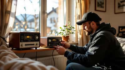 Modernes DAB+ Digitalradio Gerät auf Holztisch