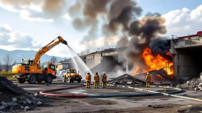 Pompiers devant l'entrepôt de Siragusa GmbH en feu à Bellach, canton de Soleure, épaisse colonne de fumée noire