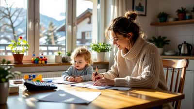 Mutter liest Preiserhöhungsschreiben ihrer Krippe am Küchentisch mit Betreuungsvertrag und Taschenrechner