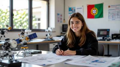 Estudante portuguesa com materiais de design espacial numa sala de ciências em Portugal