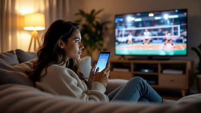 Torcedora brasileira assistindo vôlei feminino no celular diante de um alerta falso de site de streaming