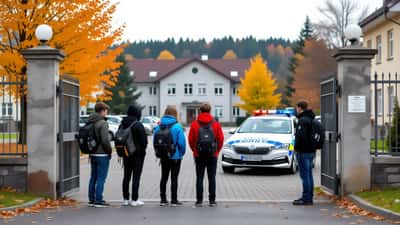 Jugendliche vor einer Oberschule in Frankfurt (Oder), Polizeiwagen am Straßenrand