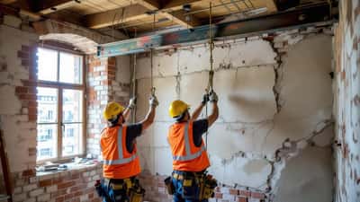 Ouvriers étayant un mur porteur avec des étais métalliques dans un bâtiment ancien en rénovation
