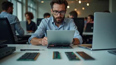 IT specialist examining modular laptop components laid out on an office desk