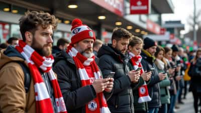 Supporters faisant la queue devant un stade de football à Londres un jour de match