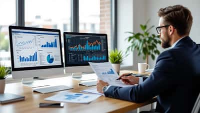 Consultor financeiro analisa prospeto de um fundo de investimento desportivo num escritório