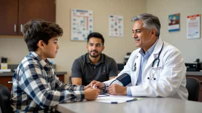 Pediatra latino revisa a un adolescente de 13 años en una clínica familiar en Estados Unidos