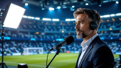 Consulente di comunicazione sportiva in uno studio di broadcasting moderno con luci dello stadio sullo sfondo