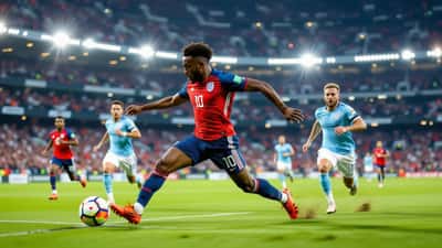 Fußballspieler im Sprint auf dem Rasen eines beleuchteten Stadions