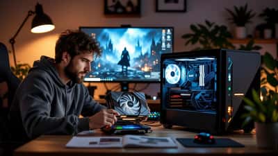 Canadian gamer examining GPU graphics card box beside open PC tower and gaming monitor
