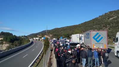 LKW-Kolonne an einem europäischen Grenzübergang während Frächterprotesten