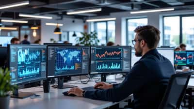 IT-Manager am Dual-Monitor-Arbeitsplatz analysiert Blockchain-Zahlungs-Dashboards und Sicherheitswarnungen in einem Frankfurter Büro