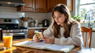 Teenager frowning at word puzzle on smartphone at kitchen table with vocabulary notebook