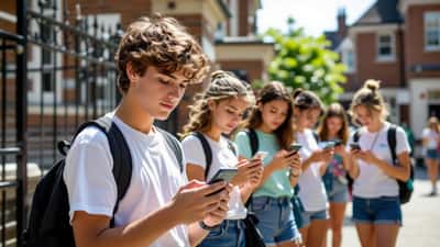 A student in England checking GCSE results on a smartphone on results day 2026