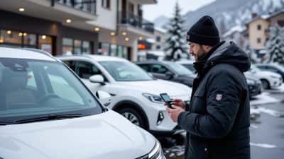 Automobilista controlla lo smartphone accanto a un'auto elettrica coperta di ghiaccio in un parcheggio di Bergamo in inverno
