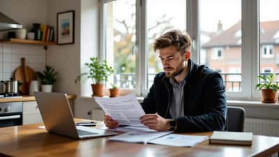 Graduate reviewing student loan repayment documents at a kitchen table in a London flat in 2026