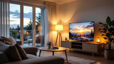 Gemütliches Wohnzimmer mit Fernseher am Abend