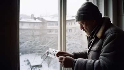 Homme suisse en manteau d'hiver ajustant un thermostat dans un appartement mal isolé à Berne