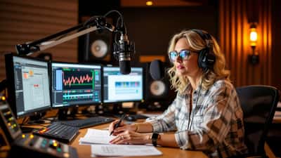 Journaliste radio dans un studio de diffusion à Montréal devant un microphone professionnel