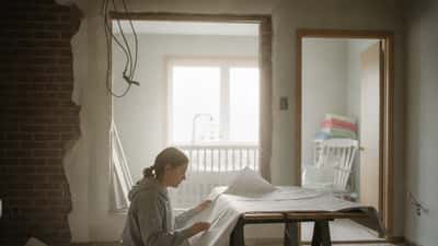 Woman reviewing renovation blueprints in a half-demolished room with exposed brick walls and construction debris, baby items visible in the background