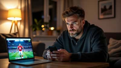 Bekymret norsk mann ser på en falsk fotballreklame på mobilen i en mørk stue om kvelden