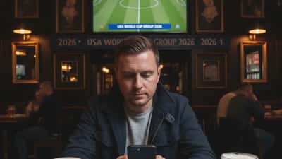 UK sports fan checking betting app in a pub during the 2026 FIFA World Cup