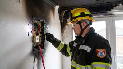 Fire officer inspecting a scorched fuse box and smoke-blackened ceiling in a UK home