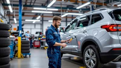 Automonteur controleert bandendiepte op gezinsauto voor zomervakantie 2026