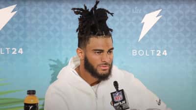 49ers linebacker Fred Warner speaking during a Super Bowl LIV interview