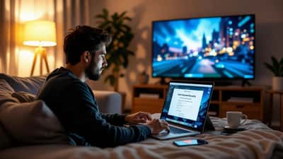 Hombre revisa una alerta de seguridad en su laptop frente a un televisor con streaming en pausa