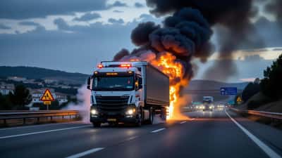 Camião a arder na berma de uma autoestrada portuguesa ao anoitecer, com fumo denso