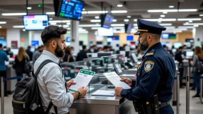 Traveler with an Iranian passport and World Cup ticket at a U.S. airport immigration counter