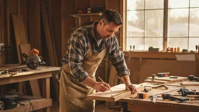 American carpenter measuring and marking an oak board at a workshop bench in Denver, Colorado, sawdust on the floor, warm afternoon light