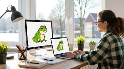 Tekentafel met schetsen van een groene kikker en auteursrechtelijke documenten