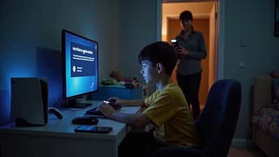 Teenager gaming on PlayStation 5 in a UK bedroom with age verification screen