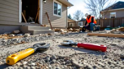 Damaged home foundation after earthquake with inspection tools