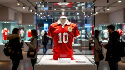Gerahmtes historisches Fußball-Nationaltrikot in einer Vitrine bei einer Auktion