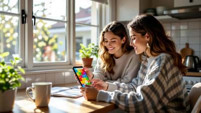 Australian teenager studying NYT Connections puzzle on phone with parent coaching at kitchen table, morning light