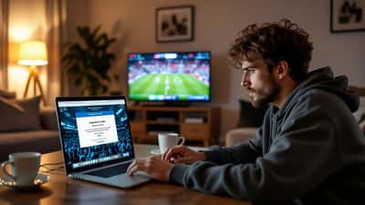 Canadian football fan watching a match on a laptop showing a suspicious streaming payment pop-up