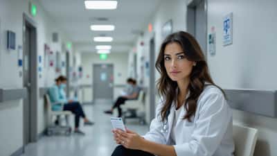 Donna in corridoio ospedaliero in Italia con tessera donazione organi in mano