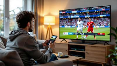 Man setting up streaming device on smart TV for Sky Sports News coverage in suburban London living room