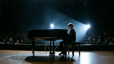 Criança a tocar piano num palco de talent show em Portugal, com focos de luz dramáticos