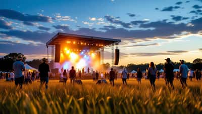 Multitud disfrutando un festival de música country al aire libre al atardecer